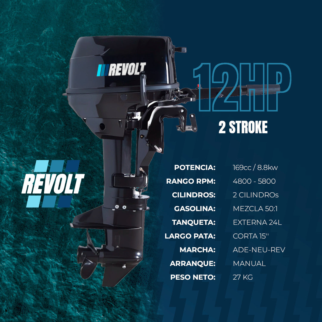 Motor Fuera de Borda Revolt 12HP a 2 Tiempos con Tanque Externo de 24L
