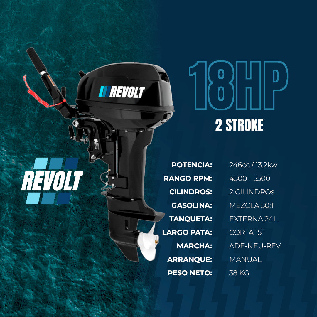 Motor Fuera de Borda Revolt 18HP a 2 Tiempos con Tanque Externo de 24L