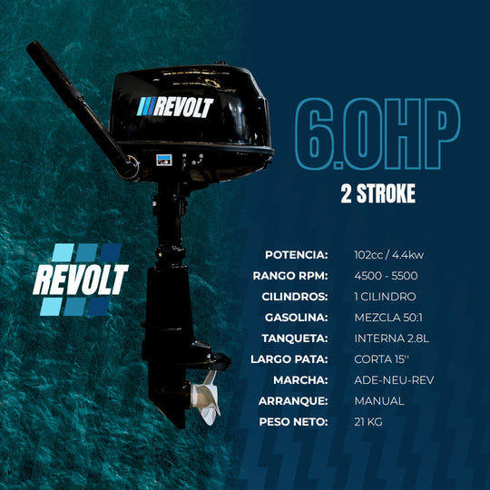 Motor Fuera de Borda Revolt 6HP a 2 Tiempos con Tanque Interno de 2.8L