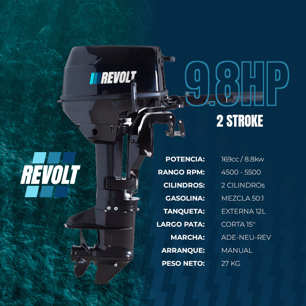 Motor Fuera de Borda Revolt 9.8HP a 2 Tiempos con Tanque Externo de 12L