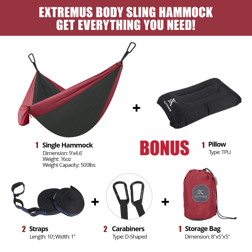 Hamaca Extremus Individual con Faja, Bolsa, Mosquetón y Almohada - 220kg