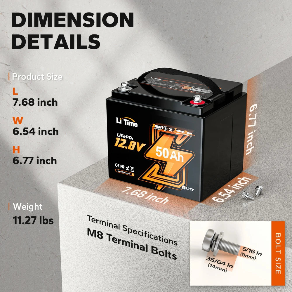 Batería LiTime 12V de 50Ah LiFePo4 Smart para Motor de Trolling, Camping, Panel Solar