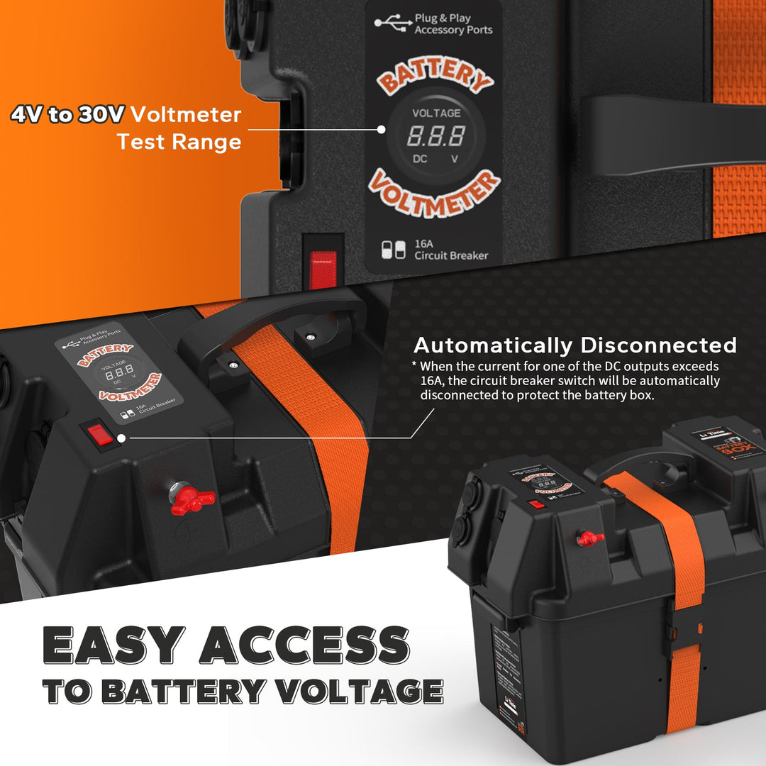 Caja LiTime para Baterías de Litio con Puertos USB, Cigarrera, Voltímetro y Breaker
