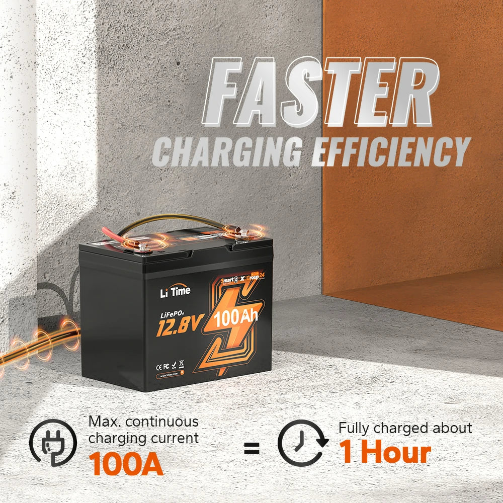 Batería LiTime 12V de 100Ah LiFePo4 Smart para Motor de Trolling, Camping, Panel Solar
