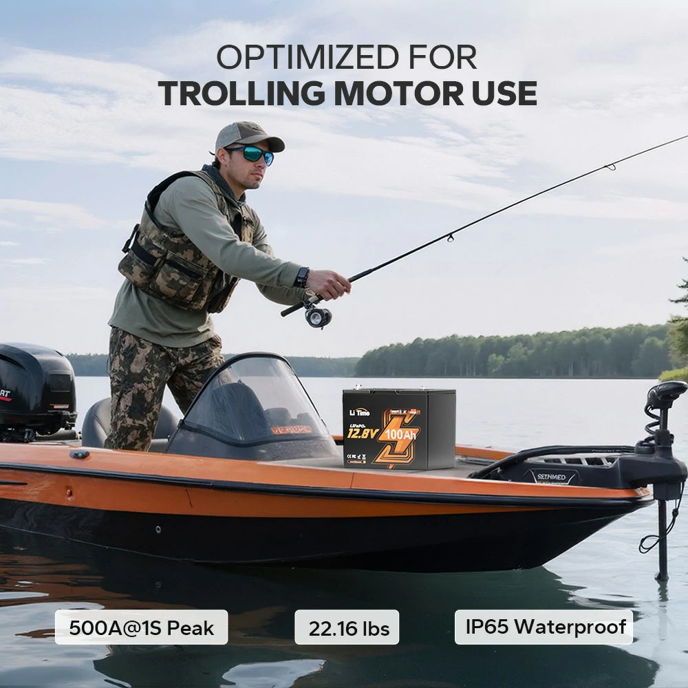 Batería LiTime 12V de 100Ah LiFePo4 Smart para Motor de Trolling, Camping, Panel Solar