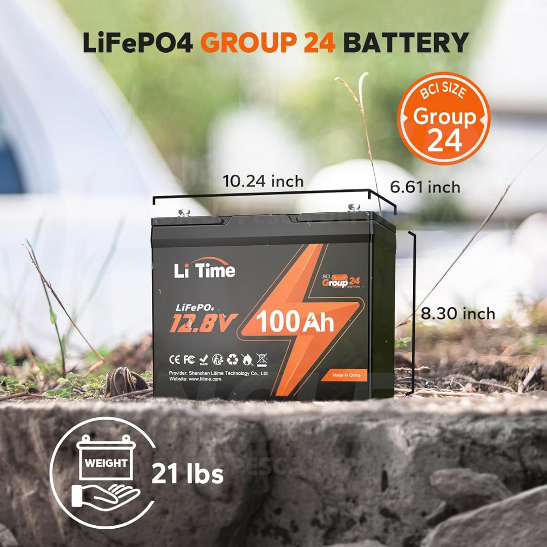 Batería LiTime 12V de 100Ah LiFePo4 para Motor de Trolling, Camping, Panel Solar