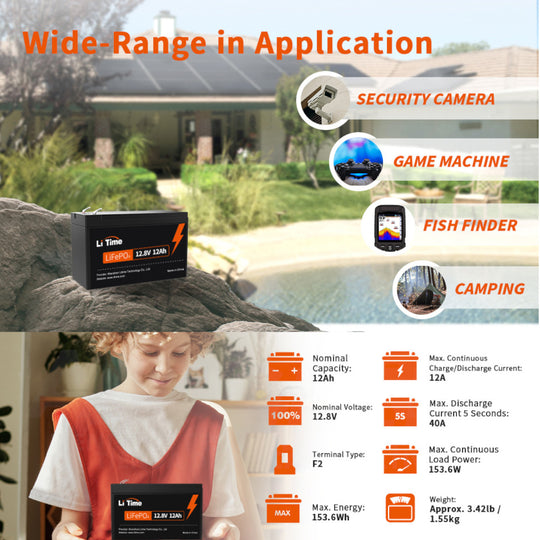 Batería LiTime 12V de 12Ah LiFePo4 para Fish Finder, Luces, Camping