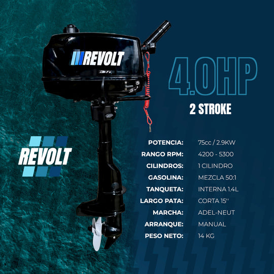 Motor Fuera de Borda Revolt 4HP a 2 Tiempos con Tanque Interno de 1.4L