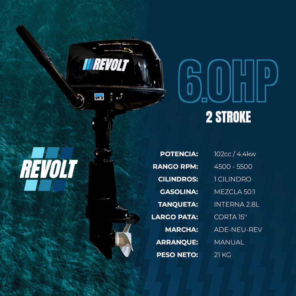 Motor Fuera de Borda Revolt 6HP a 2 Tiempos con Tanque Interno de 2.8L