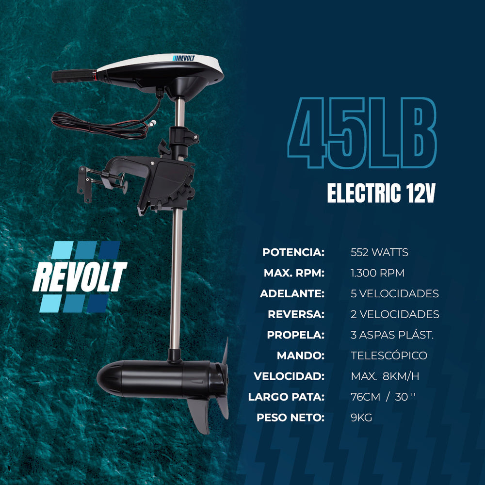 Motor Fuera de Borda Revolt Eléctrico 12V 45LB con Mango Extendible
