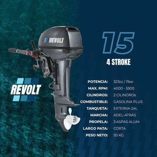 Motor Fuera de Borda Revolt 15HP a 4 Tiempos con Tanque Externo de 24L