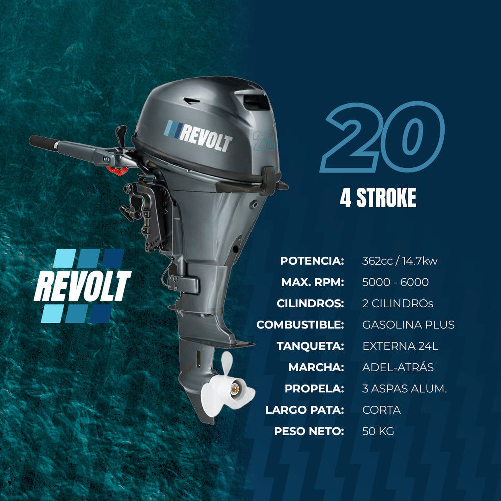Motor Fuera de Borda Revolt 20HP a 4 Tiempos con Tanque Externo de 24L
