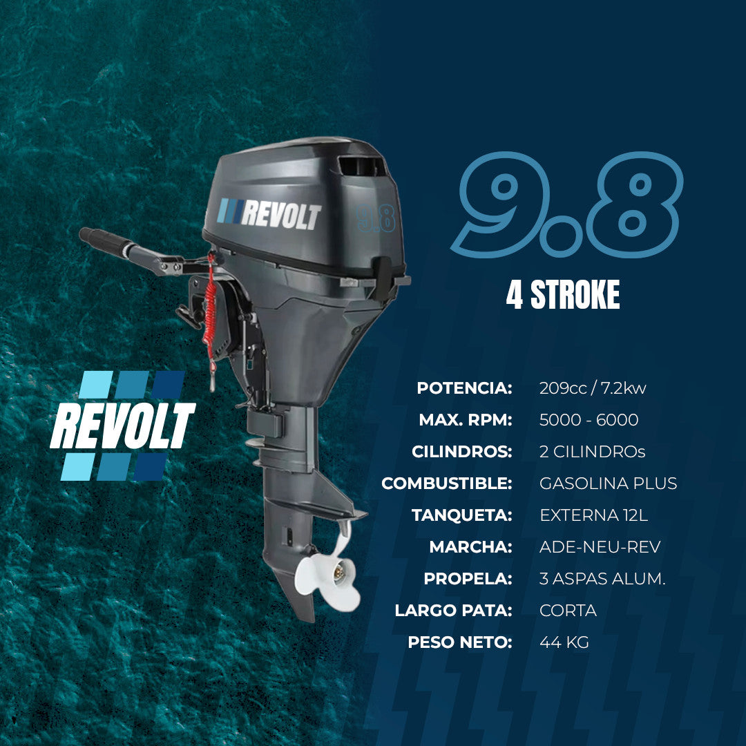 Motor Fuera de Borda Revolt 9.8HP a 4 Tiempos con Tanque Externo de 12L